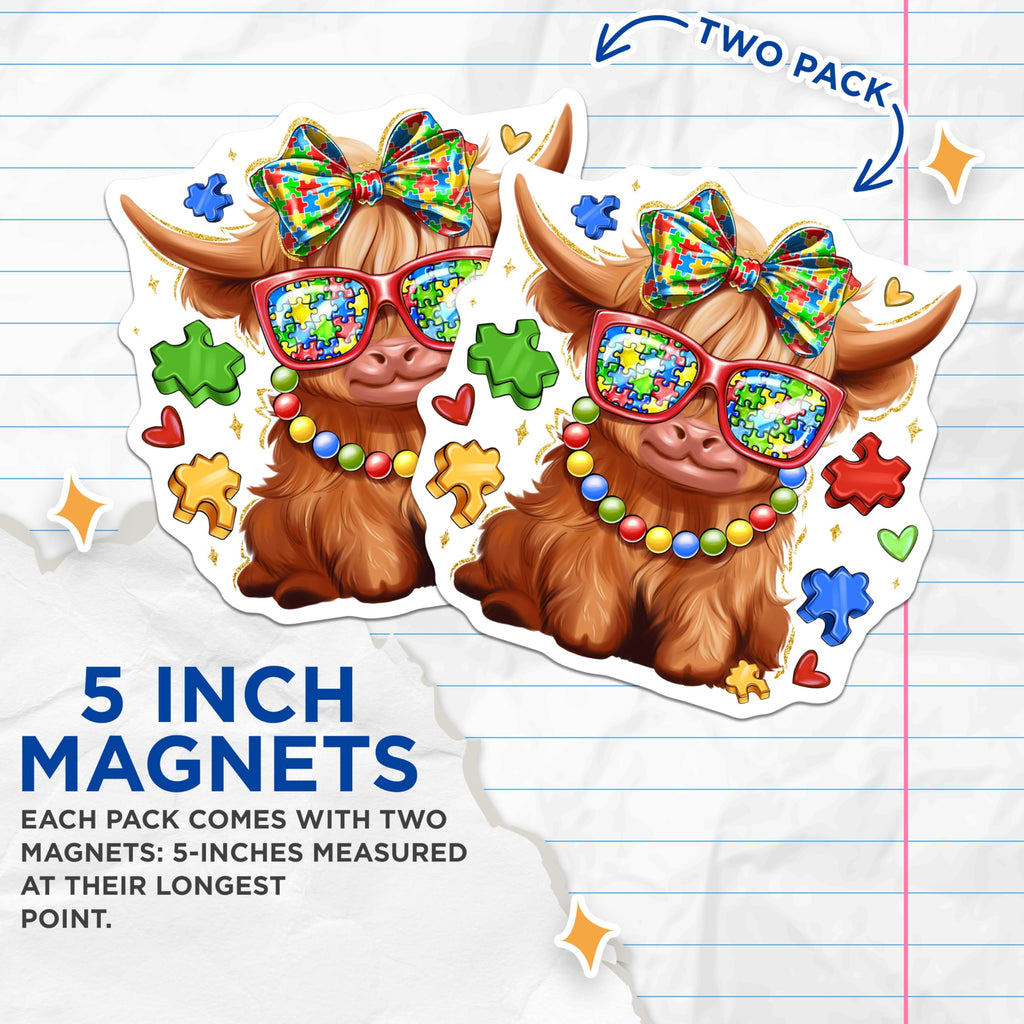 (2 Pack) Highland Cow Magnets - Autism Awareness Decor - Puzzle Piece Support Item - Cute Farm Animal Refrigerator Art - 5 Inches On Longest Side - Thick Durable Magnet - Made in USA - MAG24057