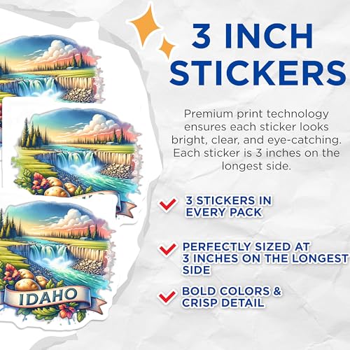 (3 Pack) Idaho Decals - Waterfall Scenery - Potato State Stickers- 3 Inches On Longest Side - Easy Peel & Apply - Made in USA - 3MCS5694
