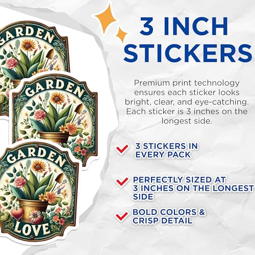 (3 Pack) Garden Love Decals - Floral Garden Sign - Flower Pot Decal- 3 Inches On Longest Side - Easy Peel & Apply - Made in USA - 3MCS5734