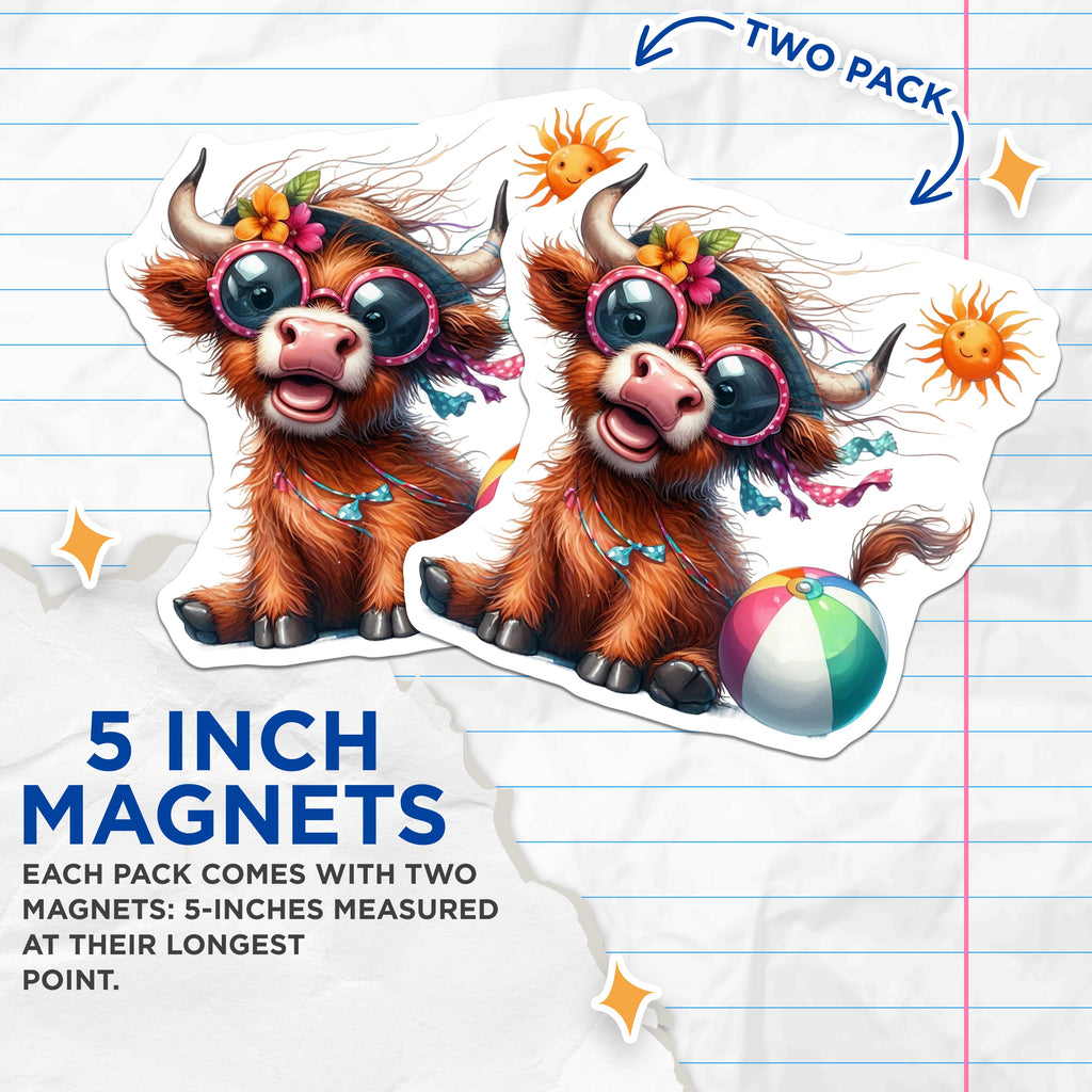 (2 Pack) Cute Highland Cow Magnets - Happy Farm Animal Refrigerator Decor - Summer Beach Vibe Locker Magnet - 5 Inches On Longest Side - Thick Durable Magnet - Made in USA - MAG36228