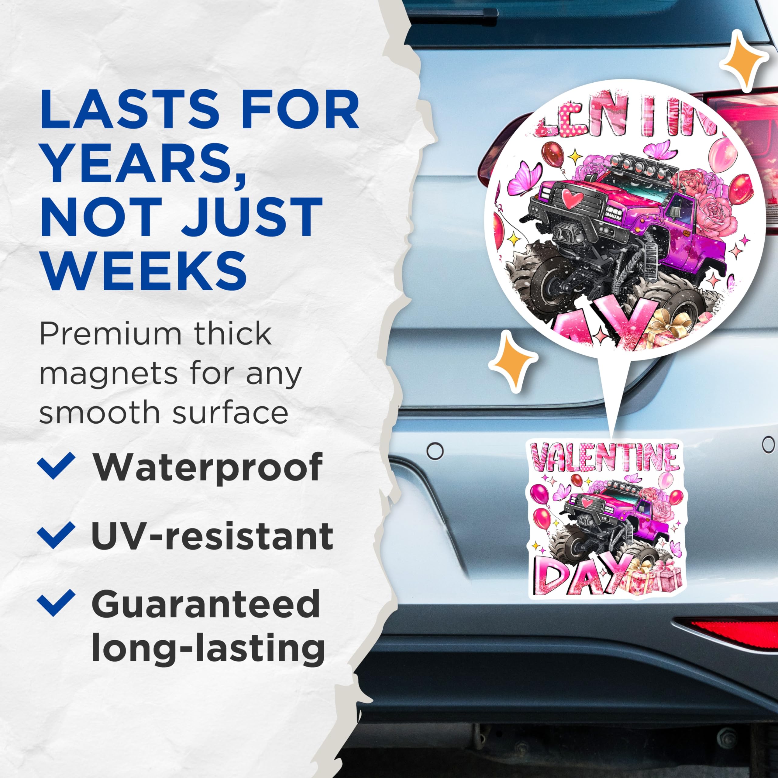 (2 Pack) Valentine Monster Truck Magnets - Pink Vehicle Decor - Kids February Classroom Favors - 5 Inches On Longest Side - Thick Durable Magnet - Made in USA - MAG30889