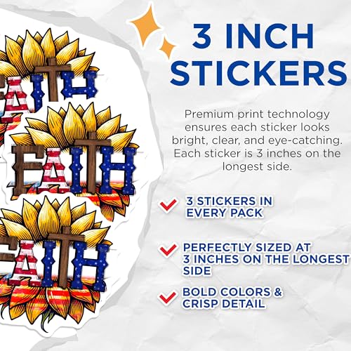 (3 Pack) Faith Sunflower Decals - American Flag - Christian Cross - 3 Inches On Longest Side - Easy Peel & Apply - Made in USA - 3MCS6640