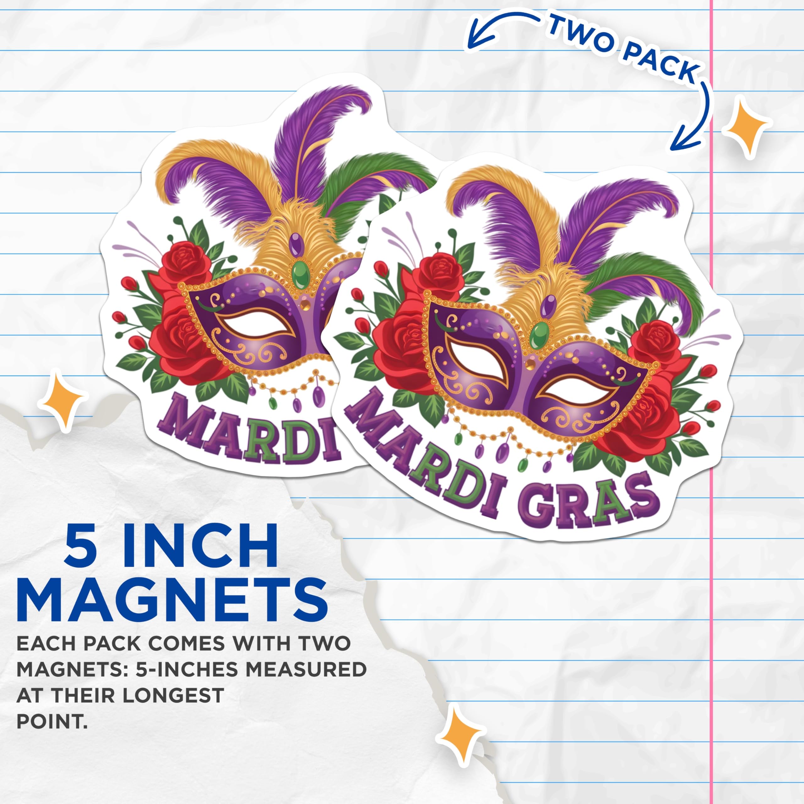 (2 Pack) Mardi Gras Magnets - Mask with Feathers - Decorative Festival Magnets - 5" On Longest Side - Premium Magnet - for Cars, Refrigerators, Toolboxes, Lockers - Made in USA - MAG16254
