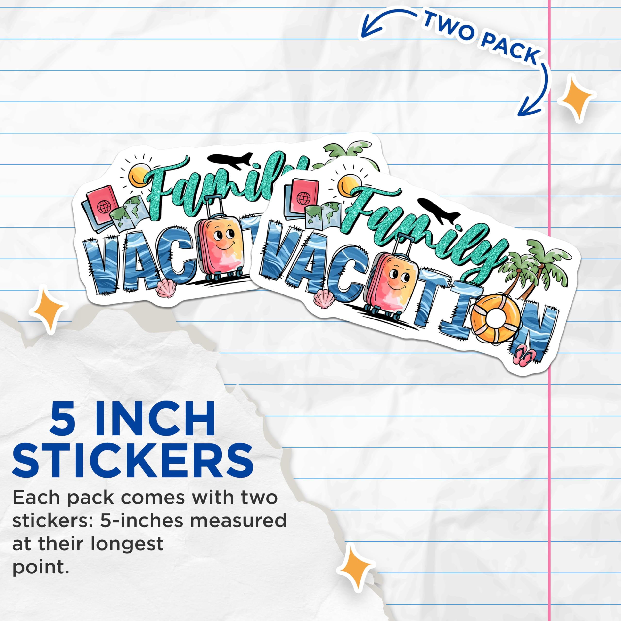 (2 Pack) Family Vacation Stickers - Summer Trip Decals - Travel Adventure Souvenirs - 5" On Longest Side - Sticks to Smooth Flat Surfaces - Made in USA - BMCS12169