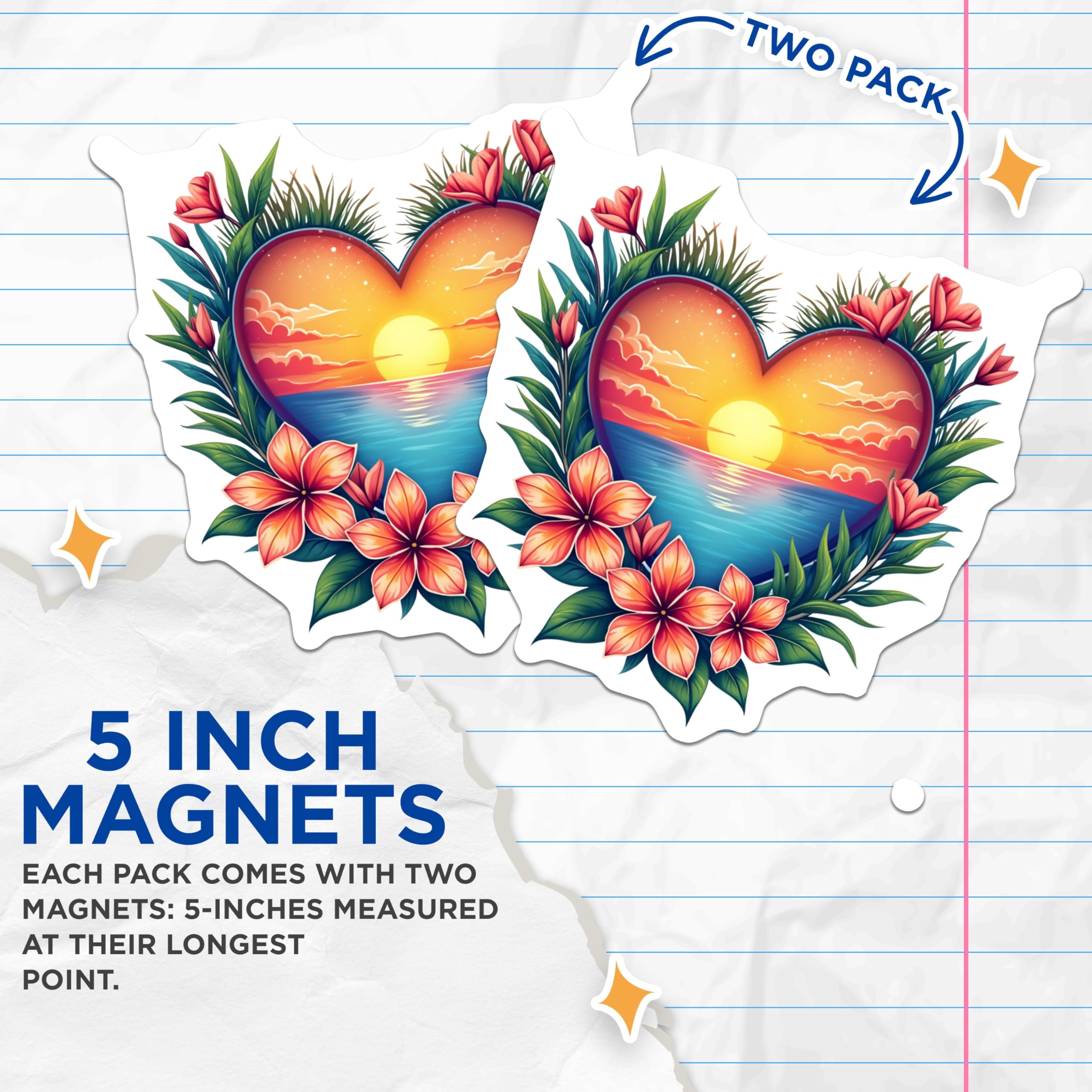 (2 Pack) Tropical Sunset Magnets - Beach Heart Decor - Hawaiian Plumeria Flowers Fridge Magnets for Vacation Memories - 5 Inches On Longest Side - Thick Durable Magnet - Made in USA - MAG26468