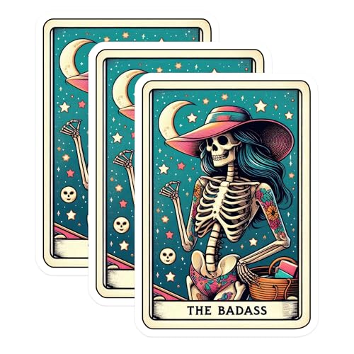(3 Pack) Badass Skeleton Decals - Tattooed Skull Stickers - Tarot Card Decals - 3 Inches On Longest Side - Easy Peel & Apply - Made in USA - 3MCS4118