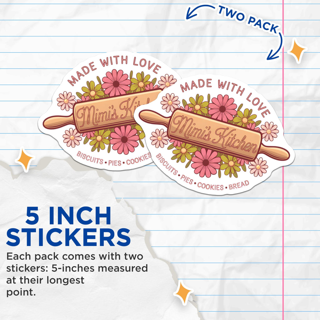 (2 Pack) Made with Love Stickers - Mimi's Kitchen Stickers - Kitchen Decor Biscuits Pies Cookies Bread Stickers - 5" On Longest Side - Sticks to Smooth Flat Surfaces - Made in USA - BMCS3649