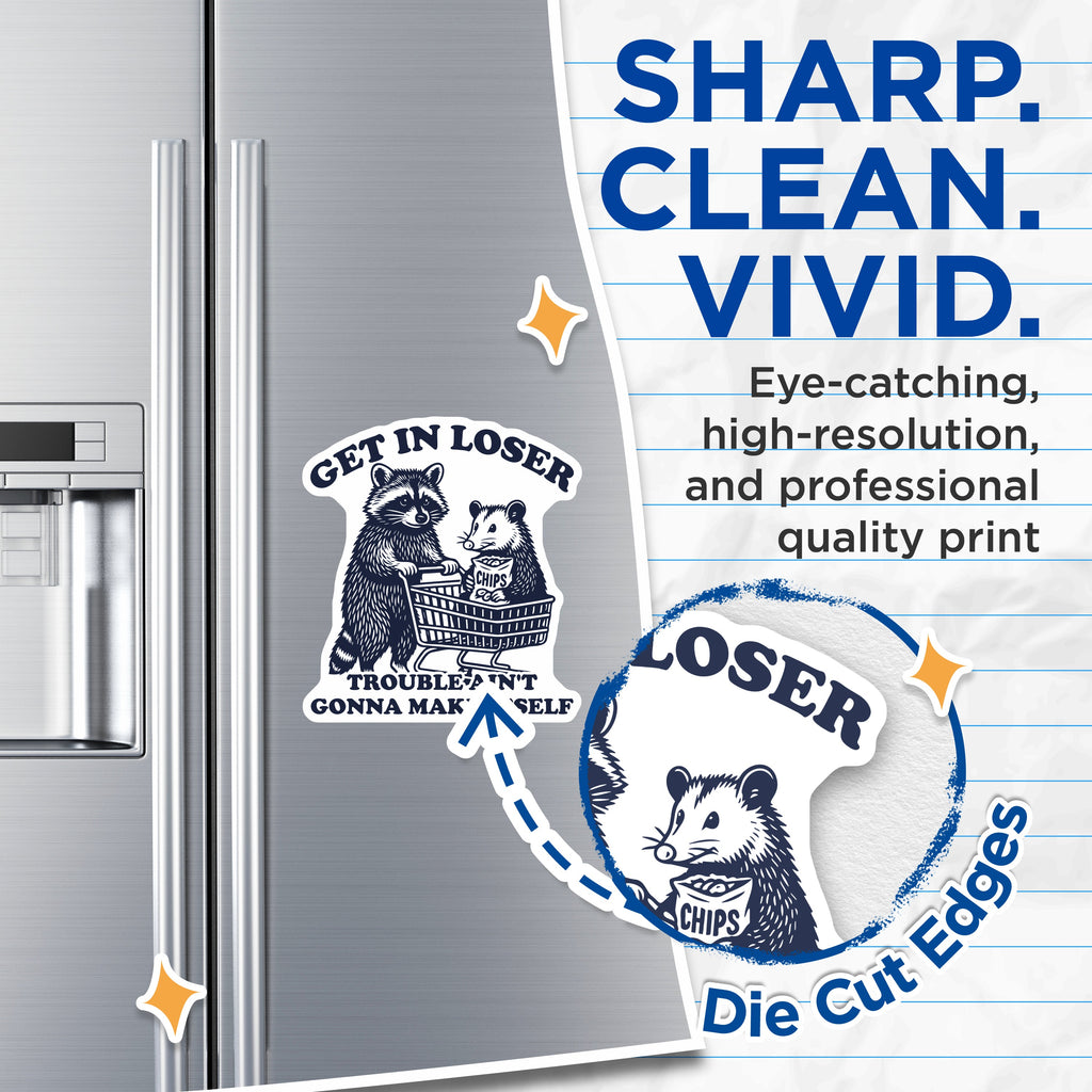 (2 Pack) Funny Raccoon Opossum Magnets - Get in Loser Quote - Quirky Animal Refrigerator Decor - 5 Inches On Longest Side - Thick Durable Magnet - Made in USA - MAG37464