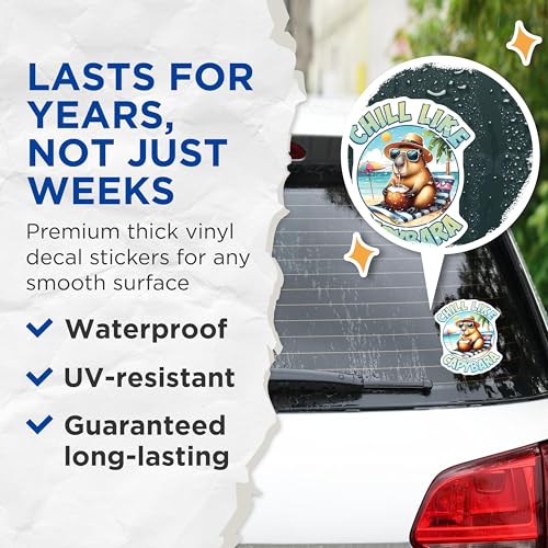 (2 Pack) Chill Like Capybara Stickers - Cute Animal Stickers - Beach Themed Stickers - 5" On Longest Side - Sticks to Smooth Flat Surfaces - Made in USA - BMCS3751