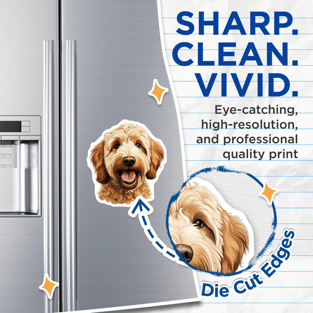 (2 Pack) Goldendoodle Magnets - Happy Dog Face - Pet Lover Kitchen Decor - Dog Mom Aesthetic - 5 Inches On Longest Side - Thick Durable Magnet - Made in USA - MAG25233