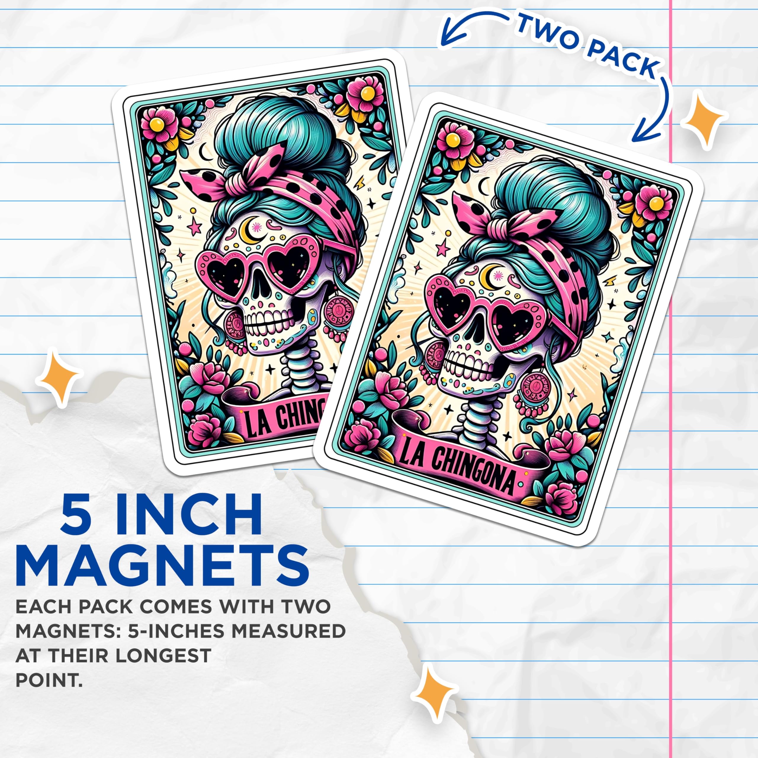 (2 Pack) La Chingona Sugar Skull Magnets - Dia De Los Muertos Art - Latina Power Sassy Kitchen Decor - 5 Inches On Longest Side - Thick Durable Magnet - Made in USA - MAG28958
