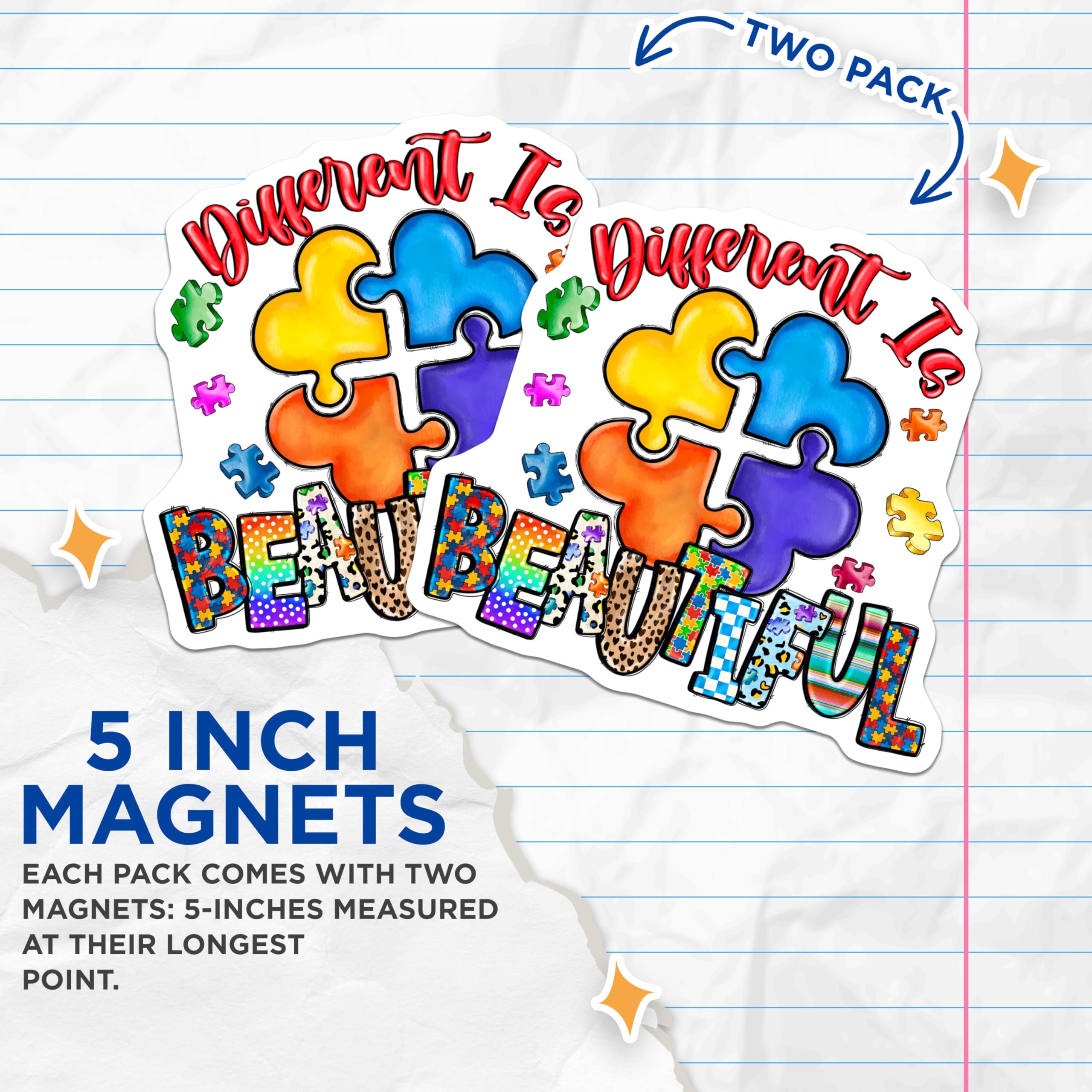 (2 Pack) Different is Beautiful Magnets - Autism Awareness Support - Neurodiversity Art - Vibrant Puzzle Decor - 5 Inches On Longest Side - Thick Durable Magnet - Made in USA - MAG24424
