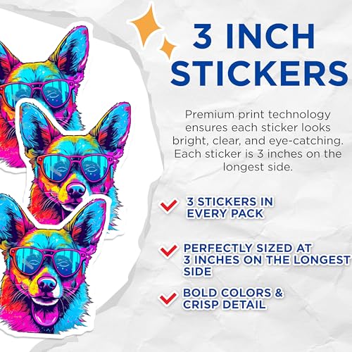 (3 Pack) Dog Decals - Cool Dog with Glasses - Funky Pet Stickers- 3 Inches On Longest Side - Easy Peel & Apply - Made in USA - 3MCS5996
