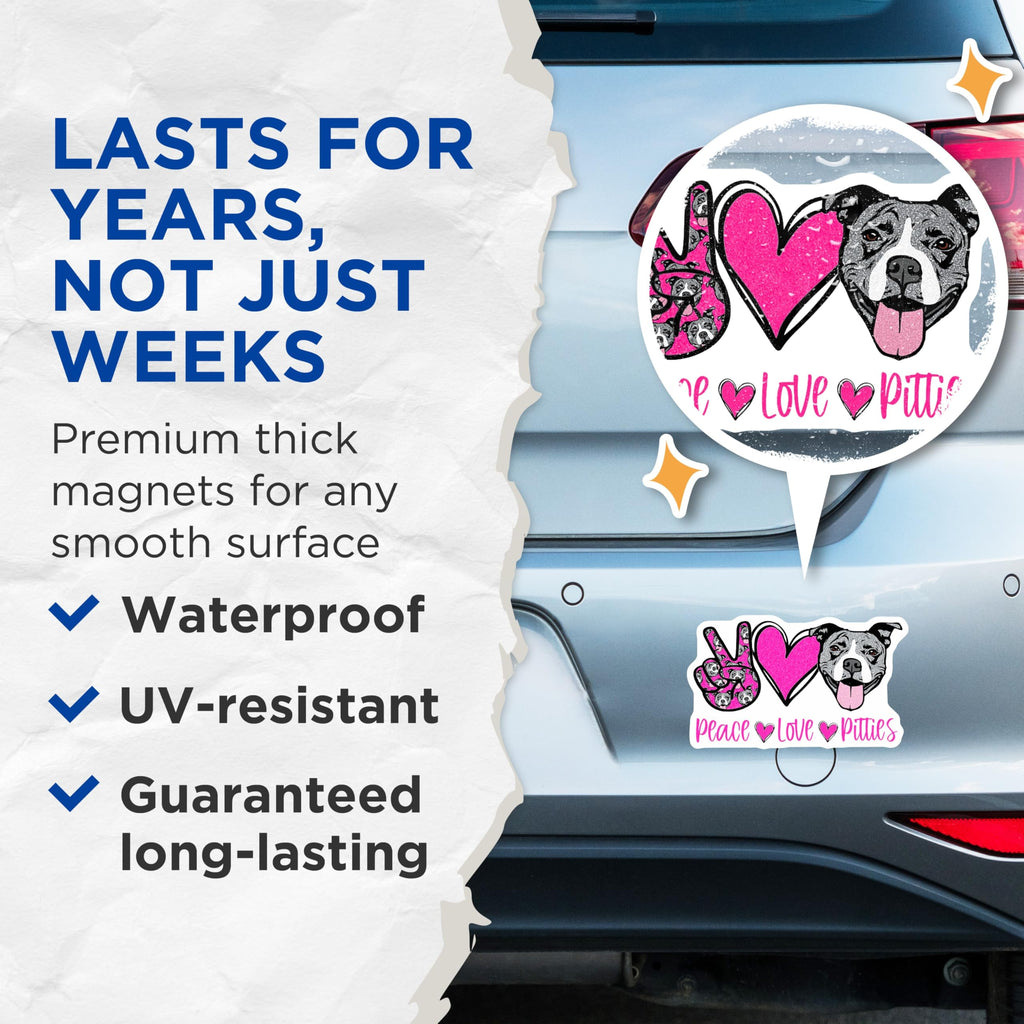 (2 Pack) Pitbull Magnets - Peace Love Pitties Dog Design - Pet Lover Refrigerator Decor - Canine Enthusiast Kitchen Magnet - 5 Inches On Longest Side - Thick Durable Magnet - Made in USA - MAG23495