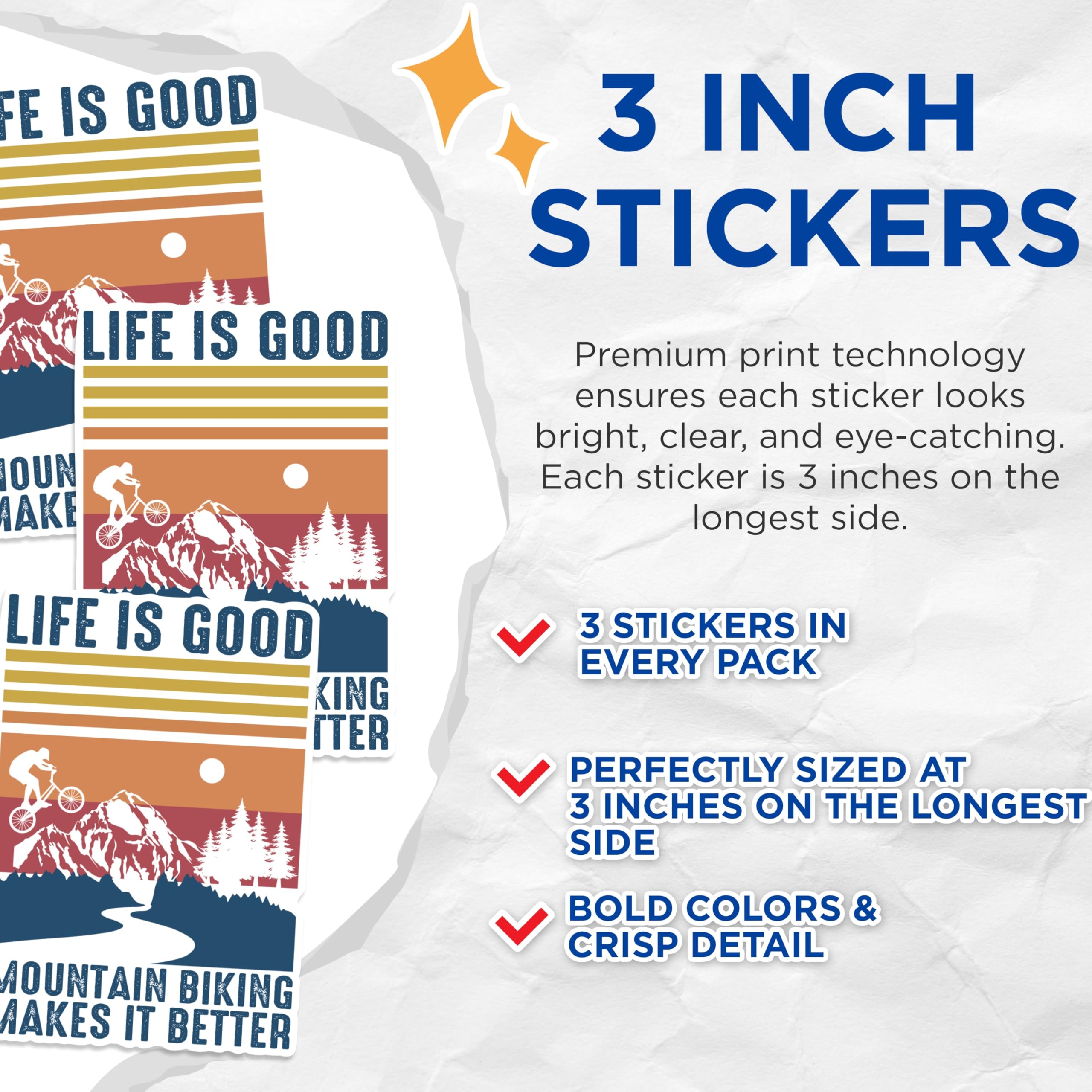 (3 Pack) Mountain Biking Decals - Biker Laptop Decal - Life is Good Decals - 3 Inches On Longest Side - Easy Peel & Apply - Made in USA - 3MCS1207