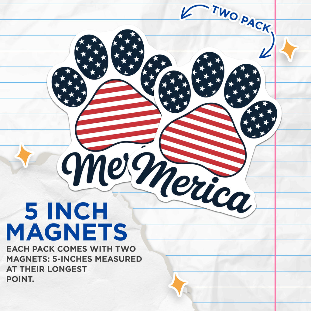 (2 Pack) Patriotic Paw Print Magnets - Merica USA Flag Dog Lover - Fourth of July Auto Fridge Decor - American Pet Accent - 5 Inches On Longest Side - Thick Durable Magnet - Made in USA - MAG38108