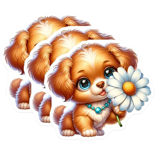 (3 Pack) Cute Puppy Decals - Daisy Flower Dog Decal - Laptop Decal - 3 Inches On Longest Side - Easy Peel & Apply - Made in USA - 3MCS8334
