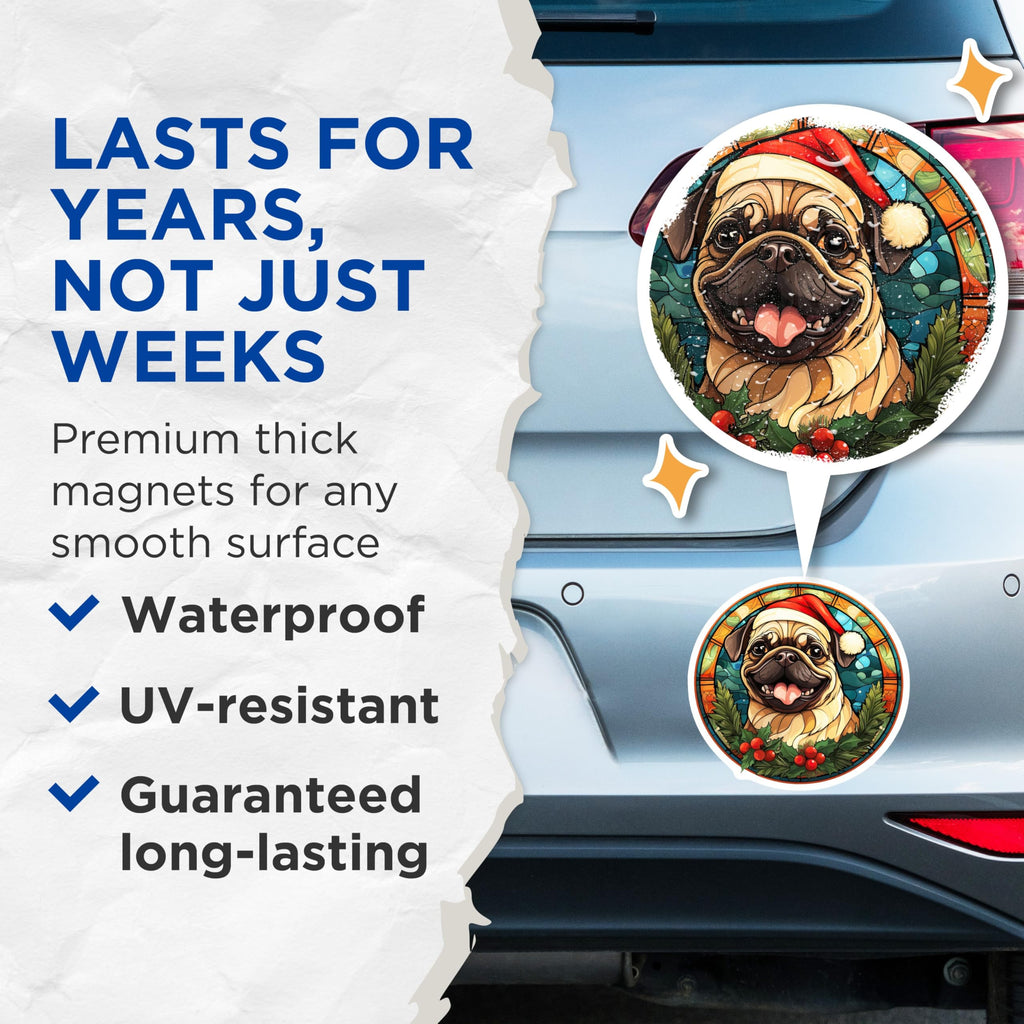 (2 Pack) Christmas Pug Magnets - Stained Glass Dog Decor - Festive Holiday Animal Lover Magnets - 5 Inches On Longest Side - Thick Durable Magnet - Made in USA - MAG29134