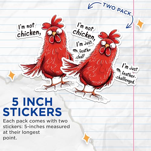 (2 Pack) Feather Challenged Rooster Stickers - Funny Animal Stickers - Humorous Quote Stickers - Farm Animal Stickers - 5" On Longest Side - Sticks to Any Smooth Flat Surface - Made in USA - BMCS2603