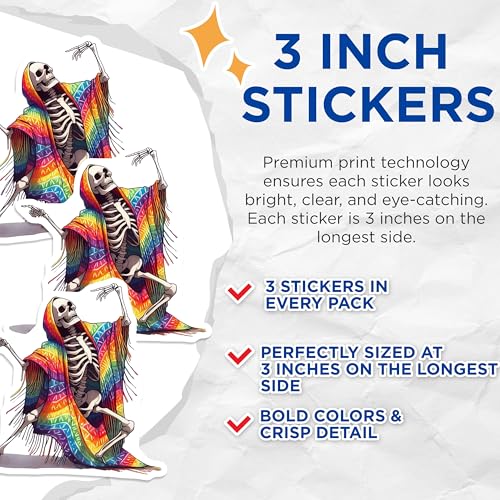 (3 Pack) Skeleton Decals - Rainbow Poncho - Laptop Decals- 3 Inches On Longest Side - Easy Peel & Apply - Made in USA - 3MCS5837