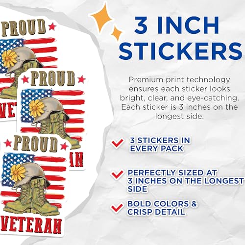 (3 Pack) Proud Veteran Decals - Patriotic Decal - Military Boots Helmet Sunflower Decals - 3 Inches On Longest Side - Easy Peel & Apply - Made in USA - 3MCS7121