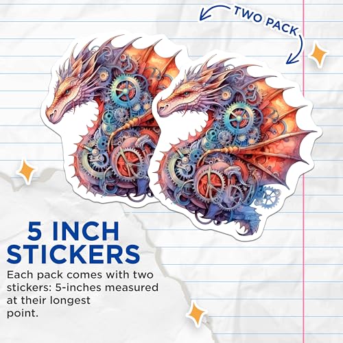 (2 Pack) Steampunk Dragon Stickers - Fantasy Mechanical Gear Stickers - Unique Dragon Art - 5" On Longest Side - Sticks to Smooth Flat Surfaces - Made in USA - BMCS4844