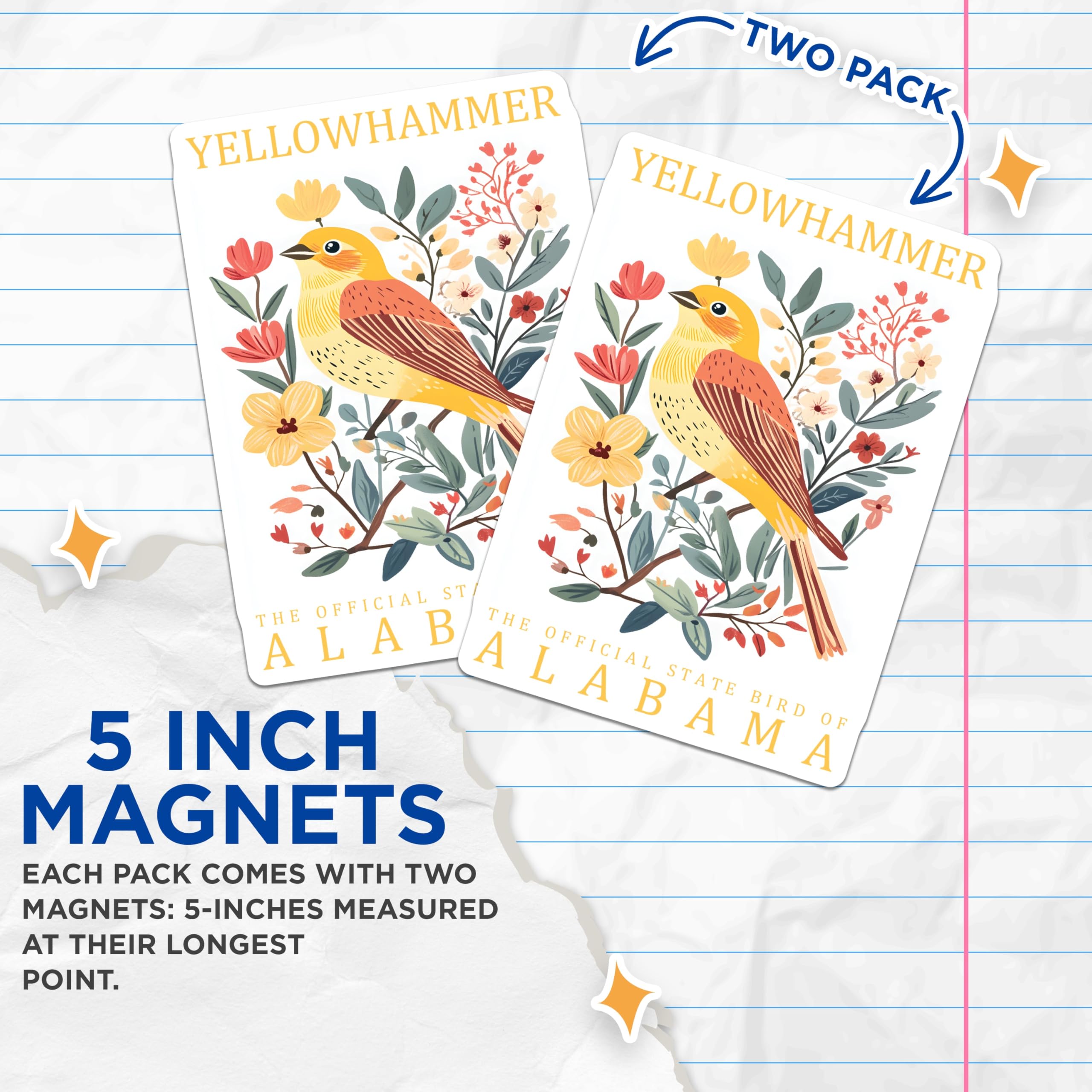 (2 Pack) Yellowhammer Magnets - Alabama State Bird - Floral Refrigerator Magnet - 5" On Longest Side - Premium Magnet - for Cars, Refrigerators, Toolboxes, Lockers - Made in USA - MAG18831