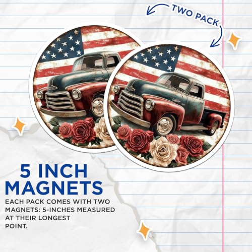 (2 Pack) Patriotic Flag Decor Magnet - Rustic American Floral Design - 5" On Longest Side - Sticks to Smooth Flat Surfaces - Made in USA - MAG10042