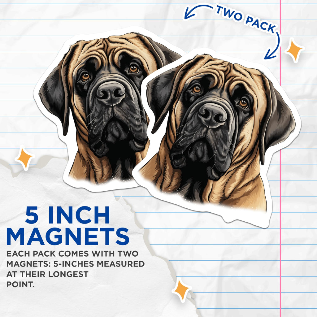 (2 Pack) English Mastiff Dog Magnets - Large Breed Pet Owner Art - Dog Mom Dad Fridge Decor - 5 Inches On Longest Side - Thick Durable Magnet - Made in USA - MAG30642