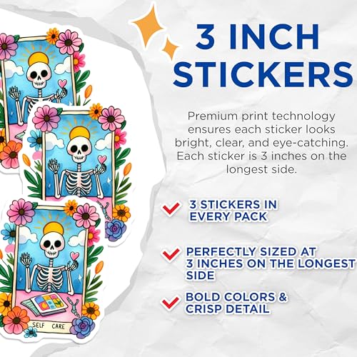 (3 Pack) Self Care Decals - Skeleton Art - Floral Skeleton Sticker - 3 Inches On Longest Side - Easy Peel & Apply - Made in USA - 3MCS8186