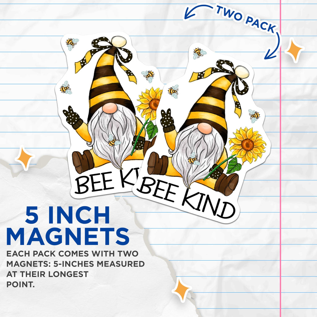(2 Pack) Bee Kind Gnomes Magnets - Positive Affirmation - Sunflower Decorative - 5" On Longest Side - Premium Magnet - for Cars, Refrigerators, Toolboxes, Lockers - Made in USA - MAG14074
