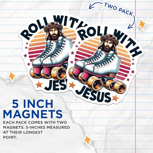 (2 Pack) Roll with Jesus Magnets - Inspirational Fridge Magnets - Christian - Motivational Roller Skate Theme - 5" On Longest Side - for Cars, Fridges, Toolboxes - Made in USA - MAG4378