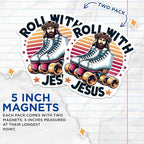 (2 Pack) Roll with Jesus Magnets - Inspirational Fridge Magnets - Christian - Motivational Roller Skate Theme - 5" On Longest Side - for Cars, Fridges, Toolboxes - Made in USA - MAG4378