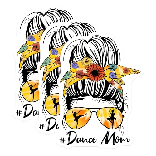 (3 Pack) Dance Mom Decals - Messy Bun Decal - Floral Headband Dancer Decal - 3 Inches On Longest Side - Easy Peel & Apply - Made in USA - 3MCS2976