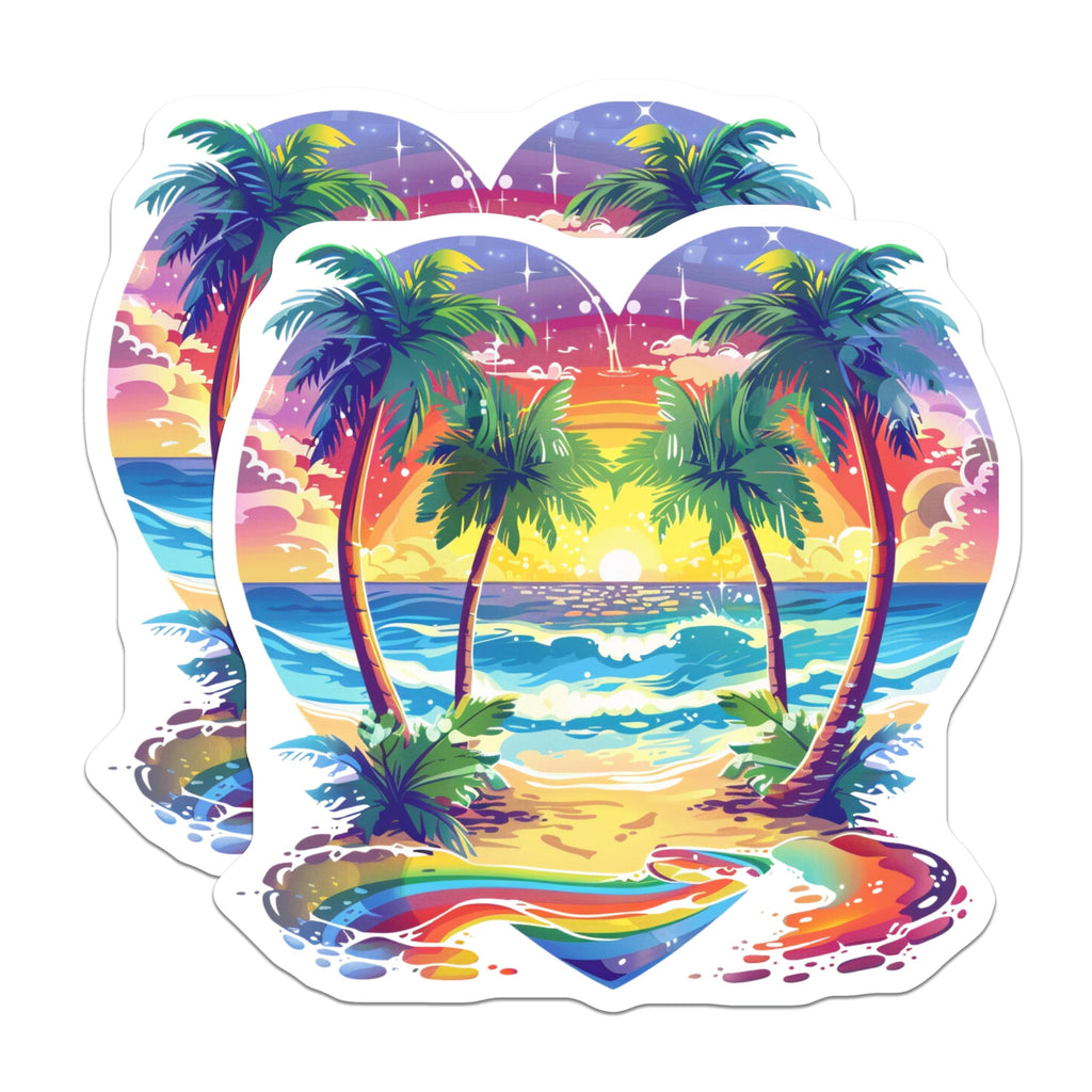 (2 Pack) Tropical Beach Magnets Heart Shaped - Vibrant Ocean Sunset Scene - Palm Tree Summer Vibe - 5 Inches On Longest Side - Thick Durable Magnet - Made in USA - MAG25229