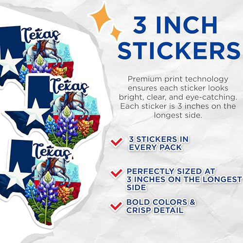 (3 Pack) Texas Decals - Horse Rider Decal - Bluebonnet Flower Decal - 3 Inches On Longest Side - Easy Peel & Apply - Made in USA - 3MCS0171