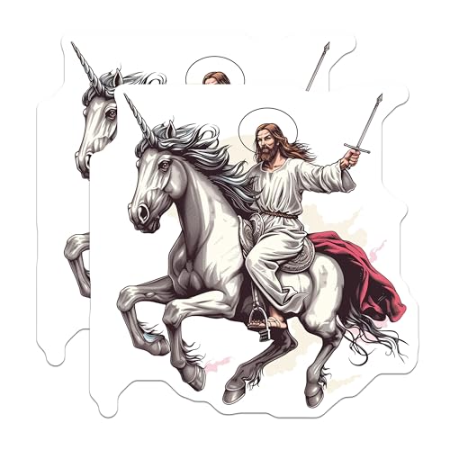 (2 Pack) Jesus on a Unicorn Stickers - Religious Art Stickers - Unique Christian Stickers - 5" On Longest Side - Sticks to Any Smooth Flat Surface - Made in USA - BMCS3058