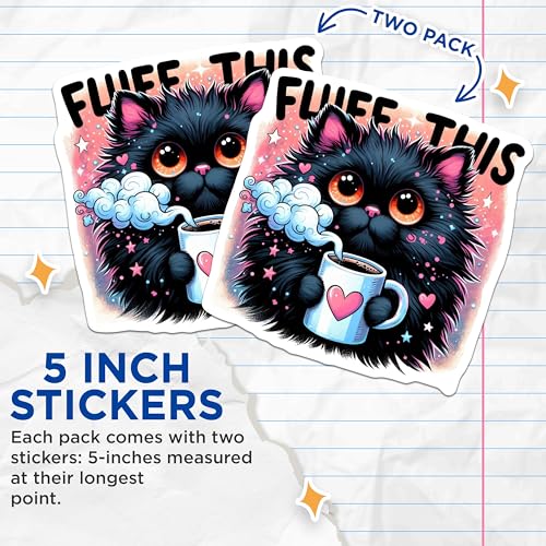 (2 Pack) Fluff This Cat Stickers - Funny Cat Meme Stickers - Coffee Lover Stickers - 5" On Longest Side - Sticks to Smooth Flat Surfaces - Made in USA - BMCS4590