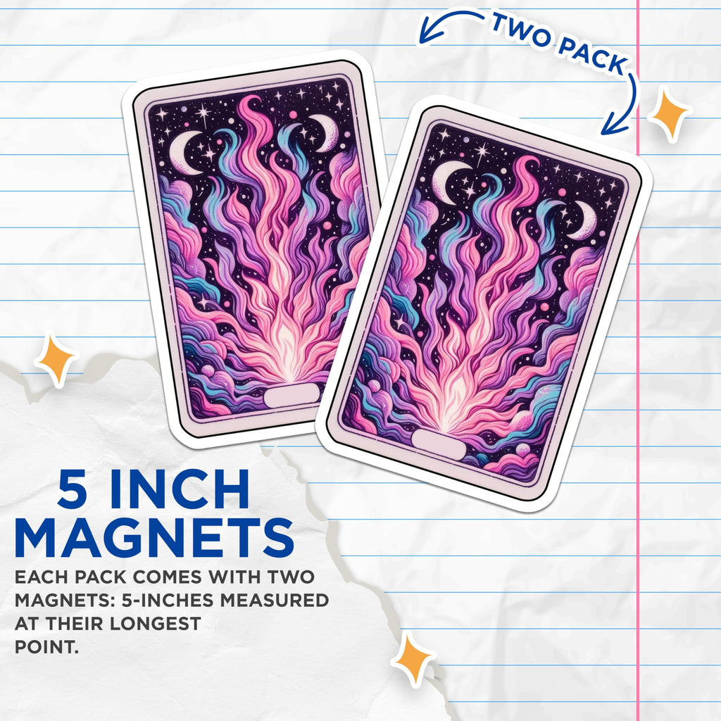 (2 Pack) Ethereal Cosmic Flame Magnets - Mystical Fire Art Decor - Celestial Moon Stars Aesthetic Fridge Locker Magnets - 5 Inches On Longest Side - Thick Durable Magnet - Made in USA - MAG23070