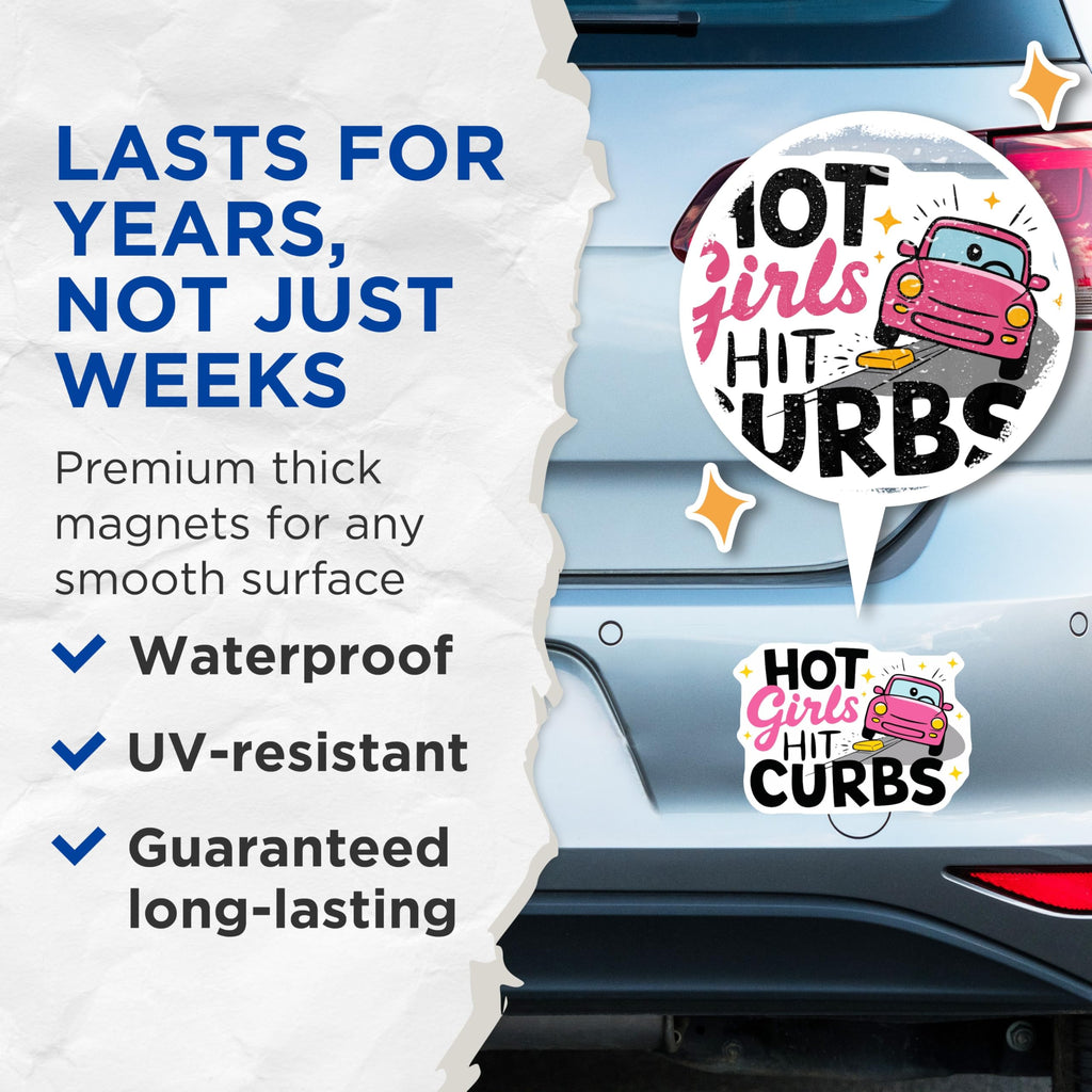 (2 Pack) Hot Girls Hit Curbs Magnets - Funny Driving Humor Decor - Sarcastic Auto Lover Accessory - Pink Cartoon Car Art - 5 Inches On Longest Side - Thick Durable Magnet - Made in USA - MAG20436