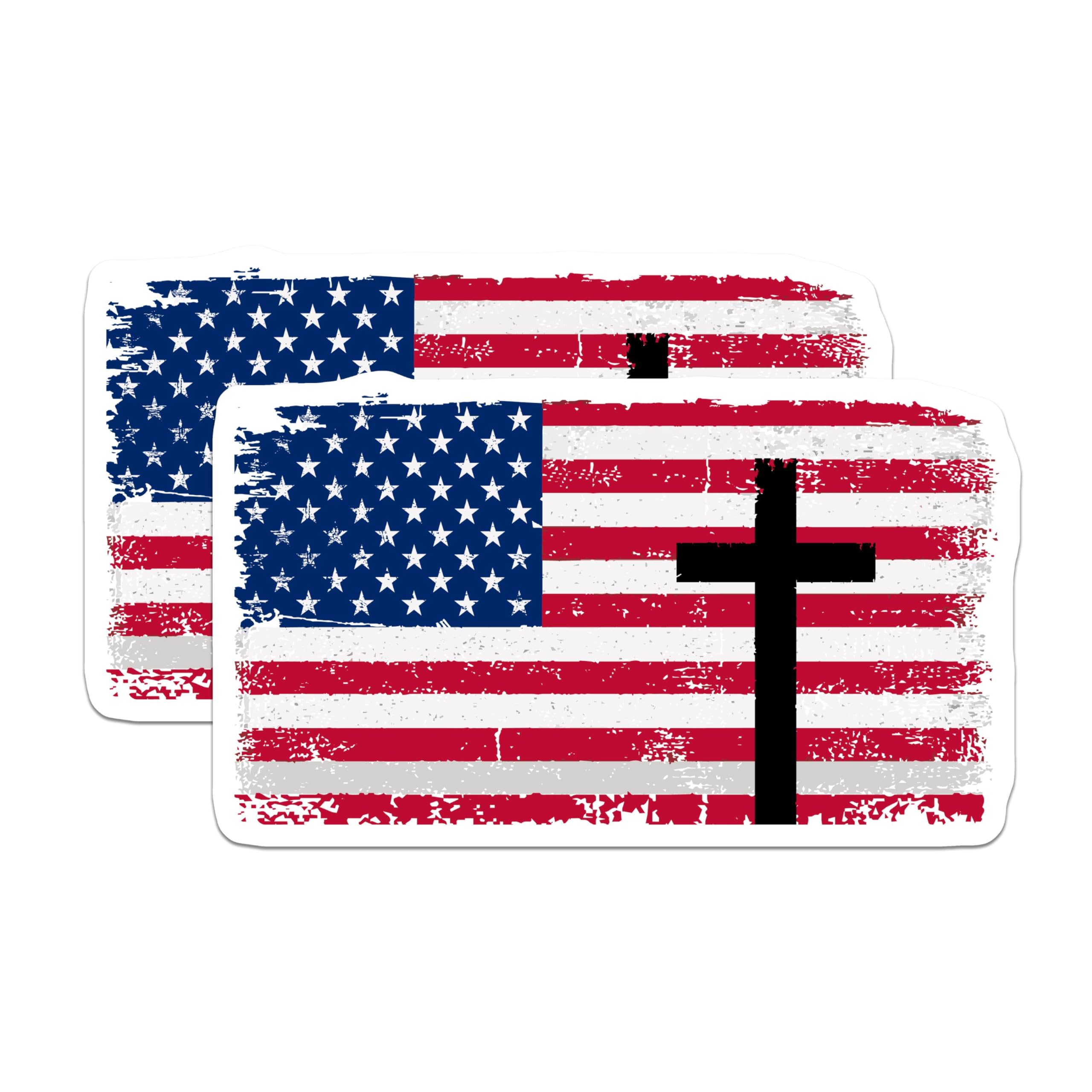 (2 Pack) American Flag Cross Stickers - Religious Decal - Patriotic Faith Stickers - 5" On Longest Side - Sticks to Smooth Flat Surfaces - Made in USA - BMCS4883