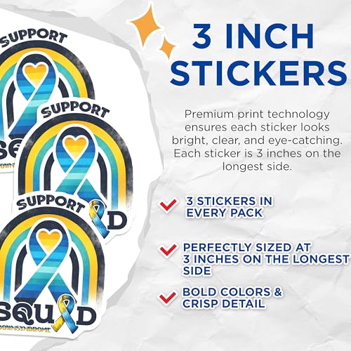 (3 Pack) Down Syndrome Decals - Support Squad - Awareness Ribbon - Laptop Decal - 3 Inches On Longest Side - Easy Peel & Apply - Made in USA - 3MCS6970