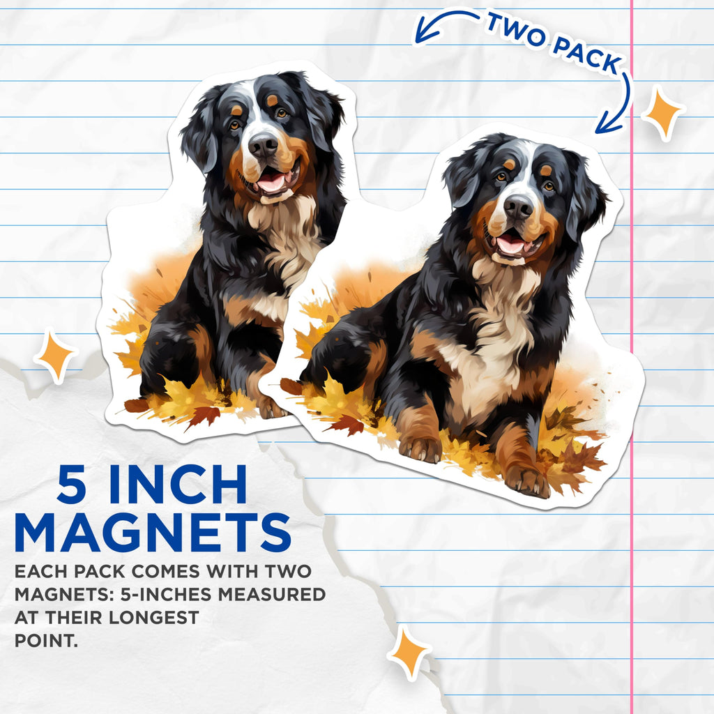 (2 Pack) Bernese Mountain Dog Magnets - Dog Lover Decor - Autumn Fall Fridge Magnet - 5 Inches On Longest Side - Thick Durable Magnet - Made in USA - MAG26374