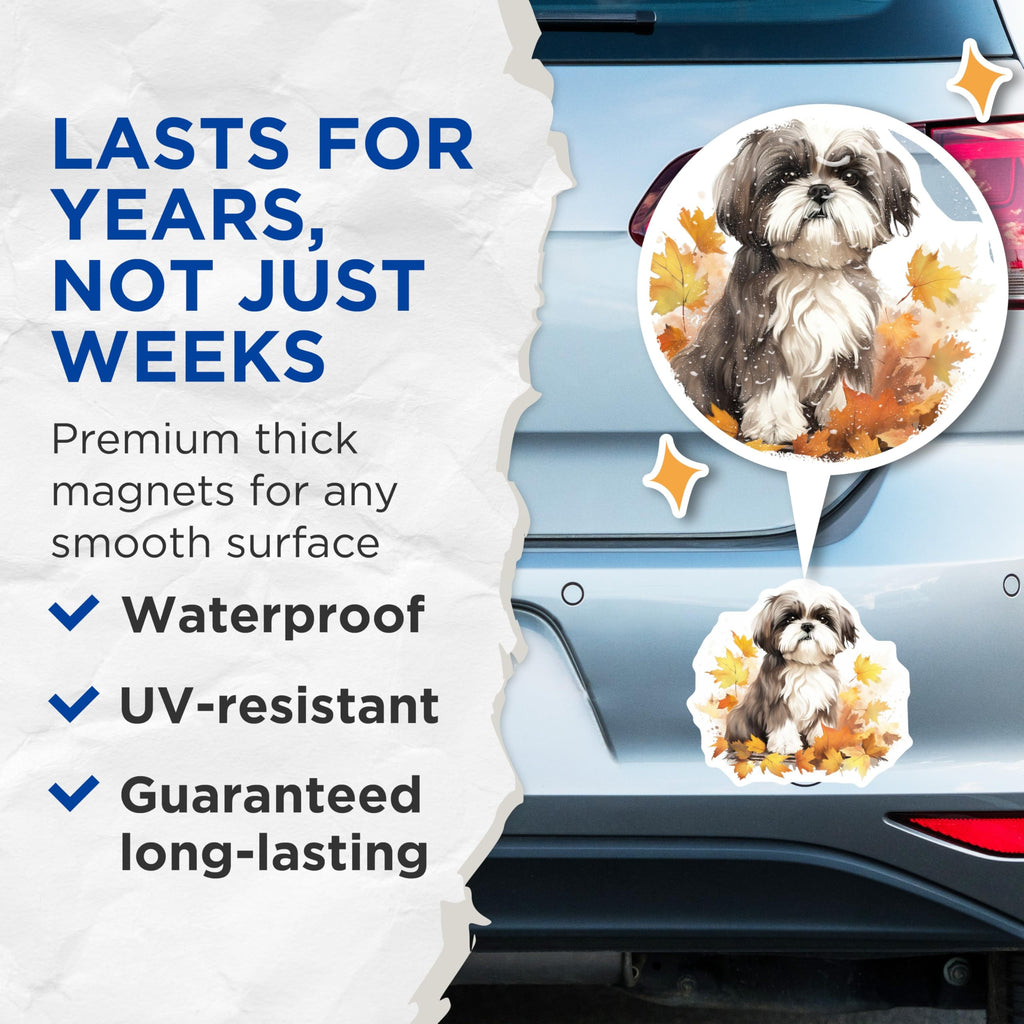 (2 Pack) Shih Tzu Magnets - Autumn Leaves Dog Art - Fall Pet Lover Refrigerator Decor - Cute Animal Magnets - 5 Inches On Longest Side - Thick Durable Magnet - Made in USA - MAG27729