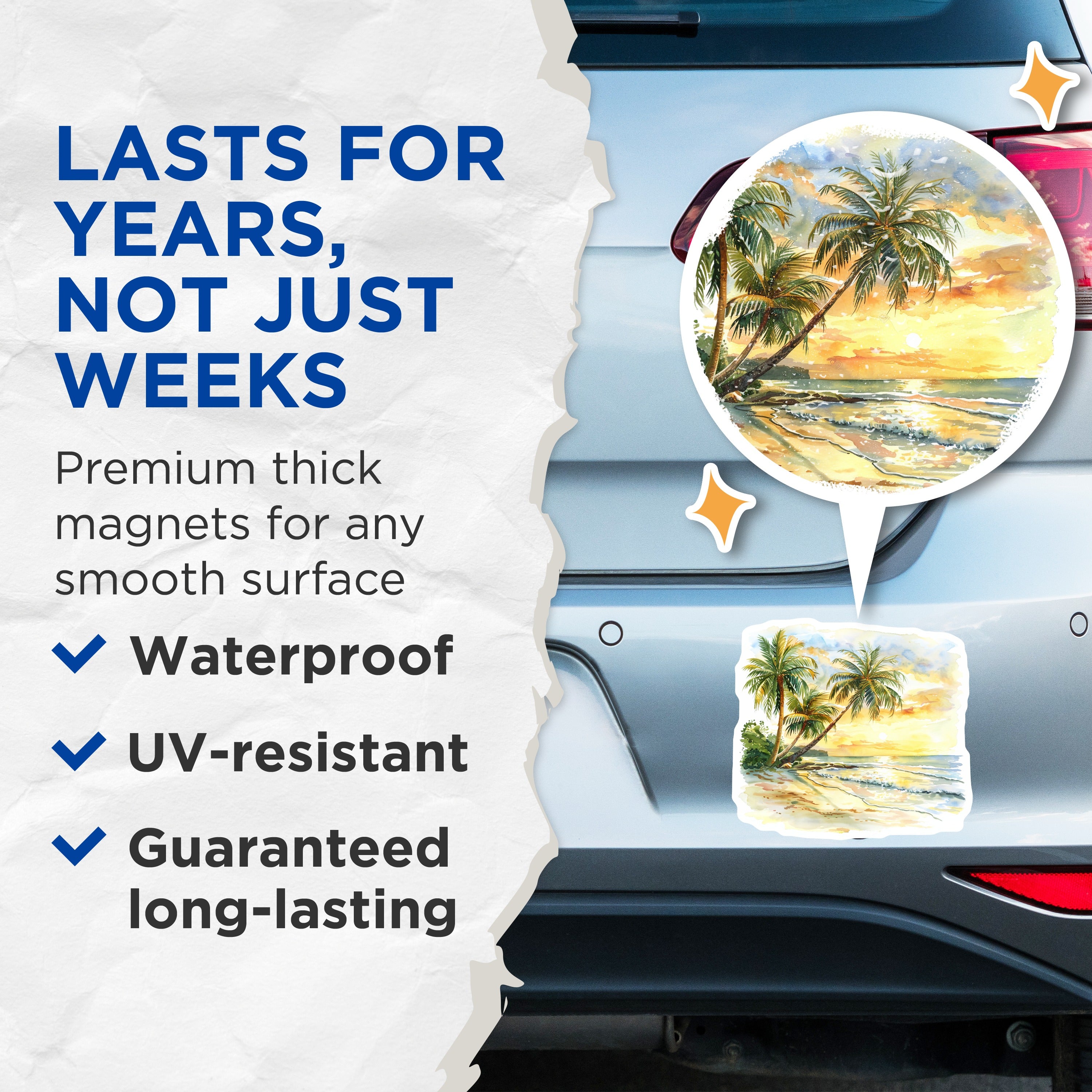 (2 Pack) Coastal Beach Sunset Magnets - Watercolor Palm Trees Scene - Tropical Ocean View Fridge Art - 5 Inches On Longest Side - Thick Durable Magnet - Made in USA - MAG36409