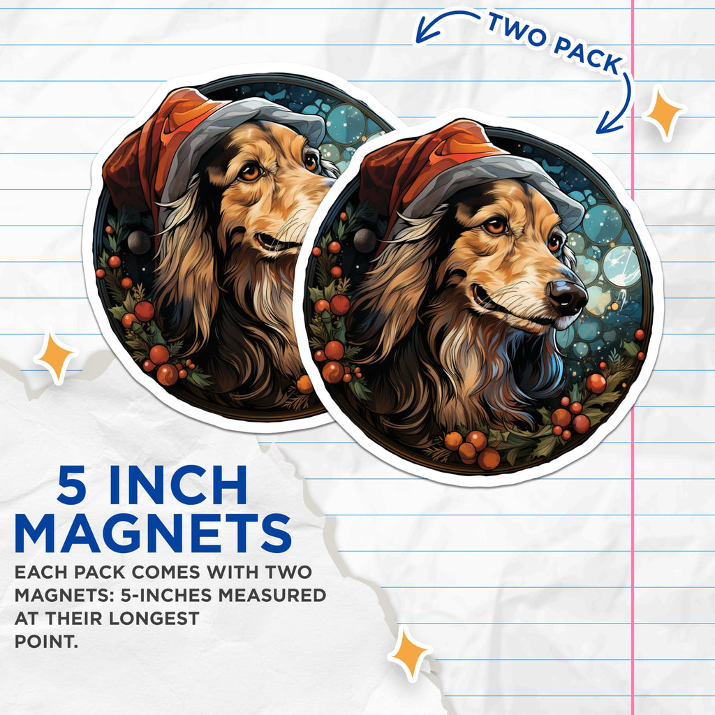 (2 Pack) Christmas Dog Magnets - Santa Hat Pet Decoration - Festive Canine Art Collectible - 5 Inches On Longest Side - Thick Durable Magnet - Made in USA - MAG24483