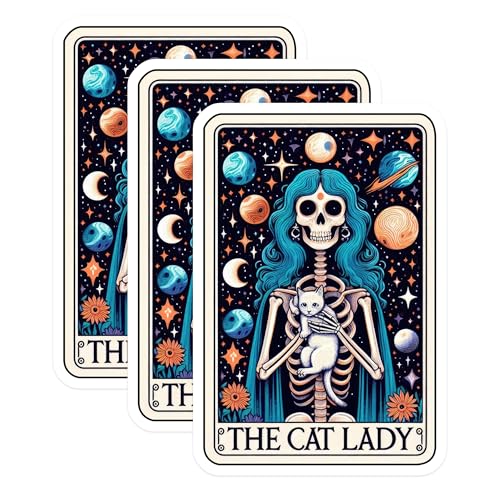 (3 Pack) Cat Lady Tarot Decals - Spooky Skeleton - Halloween Decals - 3 Inches On Longest Side - Easy Peel & Apply - Made in USA - 3MCS4132