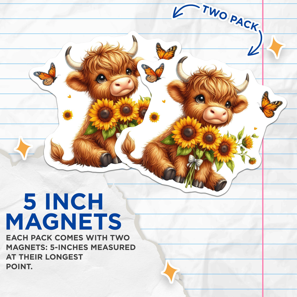 (2 Pack) Cute Highland Cow Magnets - Sunflower Farm Animal Decor - Kawaii Fridge Locker Refrigerator - 5 Inches On Longest Side - Thick Durable Magnet - Made in USA - MAG39145