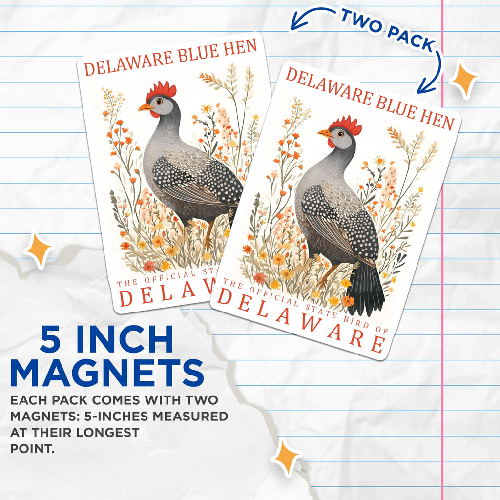 (2 Pack) Delaware Blue Hen Magnets - State Bird Art - Floral Hen Magnet Set - 5" On Longest Side - Premium Magnet - for Cars, Refrigerators, Toolboxes, Lockers - Made in USA - MAG17448