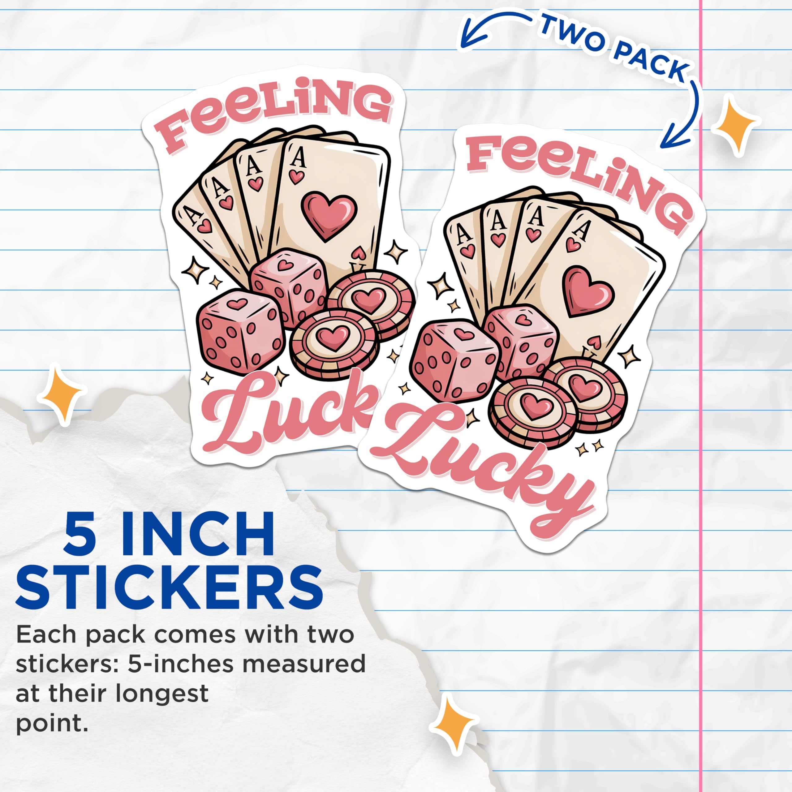 (2 Pack) Feeling Lucky Stickers - Casino Cards Dice- Gambler Good Luck Decal - 5" On Longest Side - Sticks to Smooth Flat Surfaces - Made in USA - BMCS15460